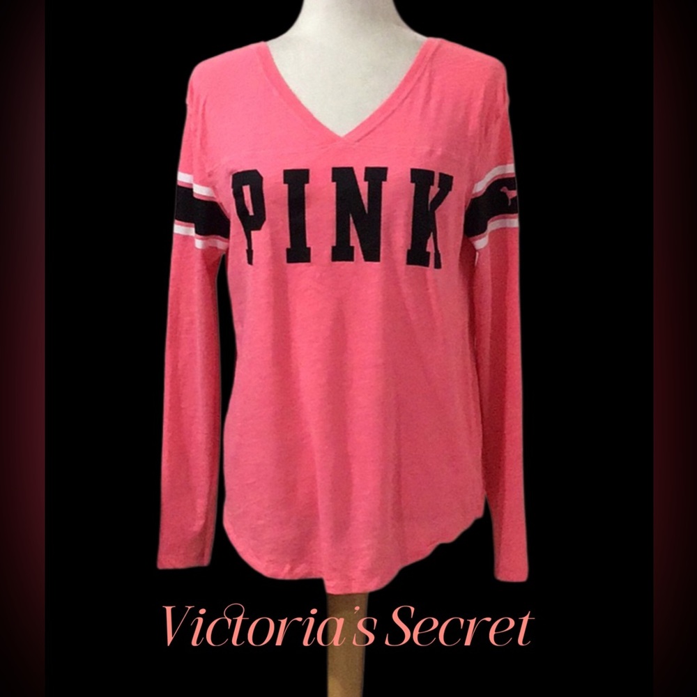 PINK VICTORIAS SECRET Long Sleeve Varsity V Neck Tee Shirt Size Small